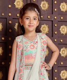 Cream & Multicolour Floral Embroidered Jacket Style Lehenga Set