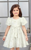 Sage Green Embroidered Dress with Puff Sleeves & Bow Belt | Party Wear Kids Dress for Girls