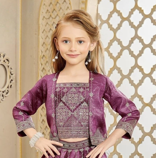 Wine Purple Embroidered Lehenga Set with Jacket