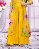 Yellow Floral Printed Long Jacket with Pleated Palazzo Set