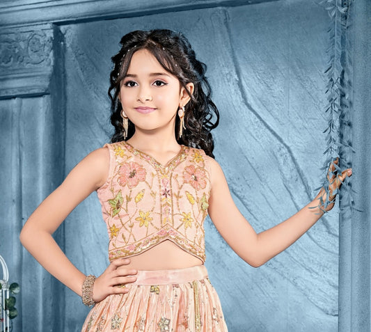 Peach – Floral Embroidered Lehenga Set