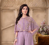 Purple Embroidered Cape Top with Wide-Leg Palazzo Pants | Ethnic Wear For Girls