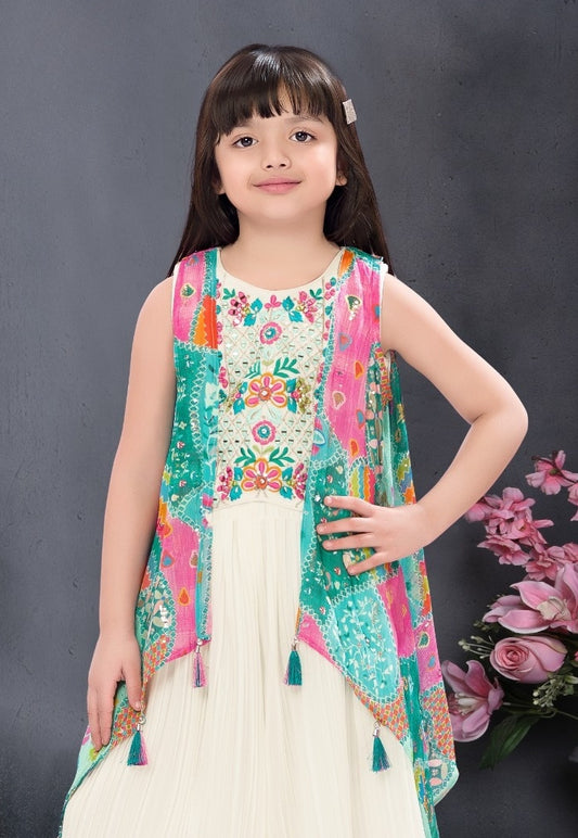 Cream Multi Embroidered Jacket Style Palazzo Set