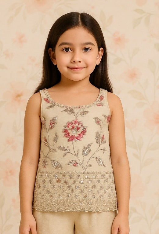 Cream Floral Embroidered Palazzo Set