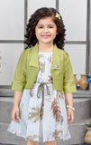 Leaf Print Dress with Olive Green Shrug Jacket | Casual Party Wear Kids Outfit for Girls