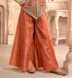 Rust Orange Embroidered Halter Neck Top & Wide-Leg Palazzo Set | Ethnic Wear For Girls