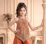 Rust Orange Embroidered Halter Neck Top & Wide-Leg Palazzo Set | Ethnic Wear For Girls
