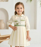 Cream Floral Embroidered Elegant Pleated Short Frock | Party Wear Dress for Girls