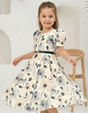 Black Floral Fit & Flare Short Frock with Belt | Casual Wear Kids Dress for Girls