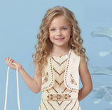 Girls Cream Printed Co-Ord Set with Cropped Vest & Flared Shorts | Western Wear For Girls