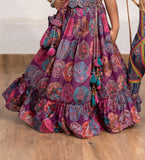 Wine Purple - Multicolor Ethnic Print Lehenga Set
