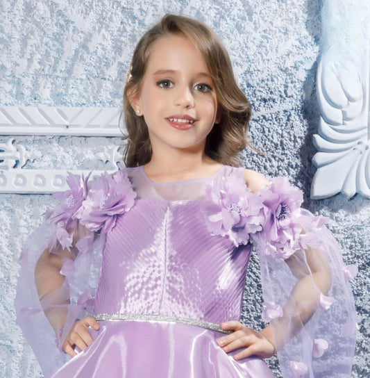 Purple -3D Floral Mesh Short Frock