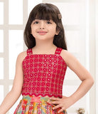 Cherry Red with Multicolor -Mirror Work Floral Lehenga Set