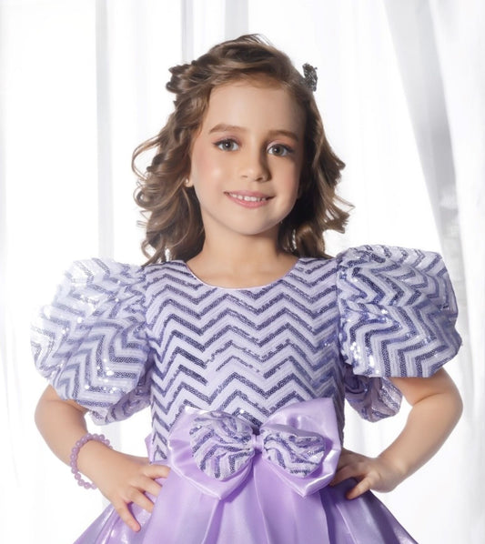 Purple -Puff Sleeve Bow Short Frock