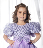 Purple -Puff Sleeve Bow Short Frock