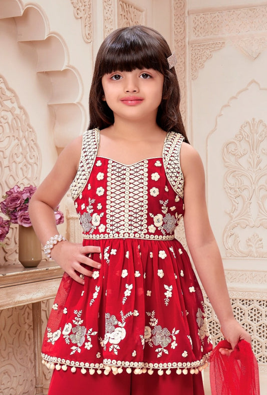 Red Embroidered Peplum Top with Palazzo & Dupatta