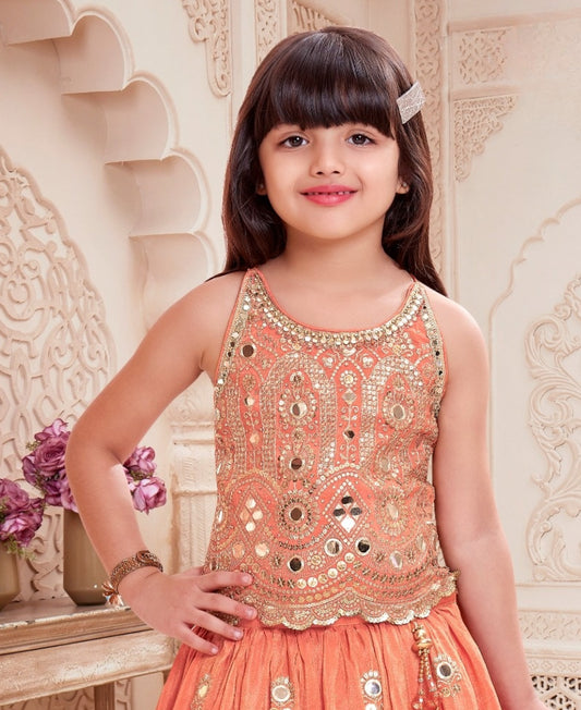 Peach Mirror Embroidered Lehenga Set