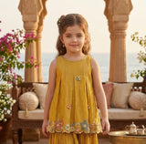 Mustard Yellow Embroidered Kurti with Pleated Palazzo Set | Ethnic Outfit for Girls
