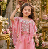 Peach Embroidered Crop Top & Wide-Leg Palazzo Set with Pearl-Detail Dupatta | Ethnic Wear For Girls
