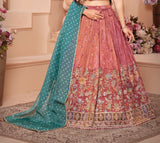 Rust Pink - Velvet Embroidered Lehenga with Teal Green Dupatta