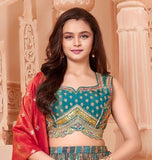 Teal Blue - Embroidered Lehenga with Crimson Red Dupatta