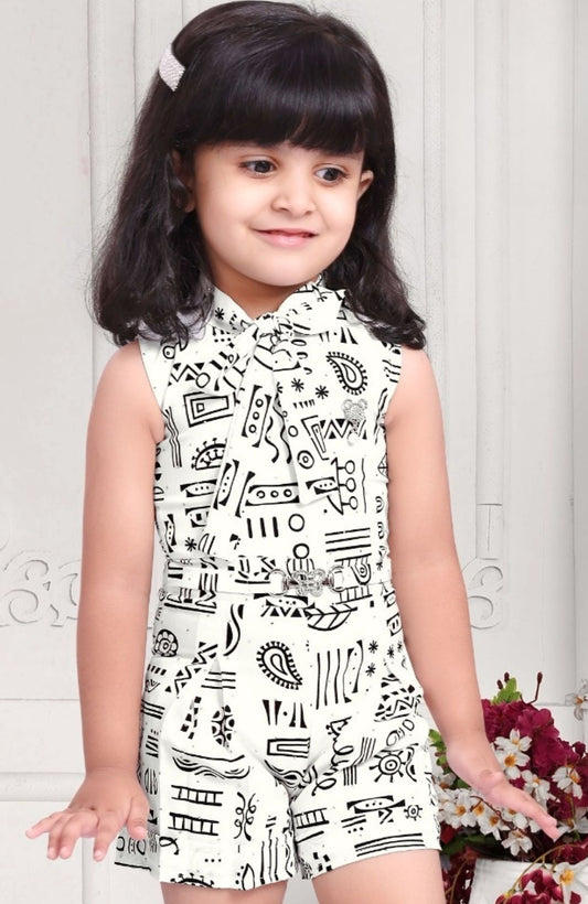 White & Black-Tribal Sketch Collar Jump Suit