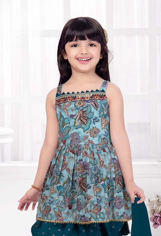 Teal Blue Floral Printed Peplum Kurti with Patiala Pants & Dupatta