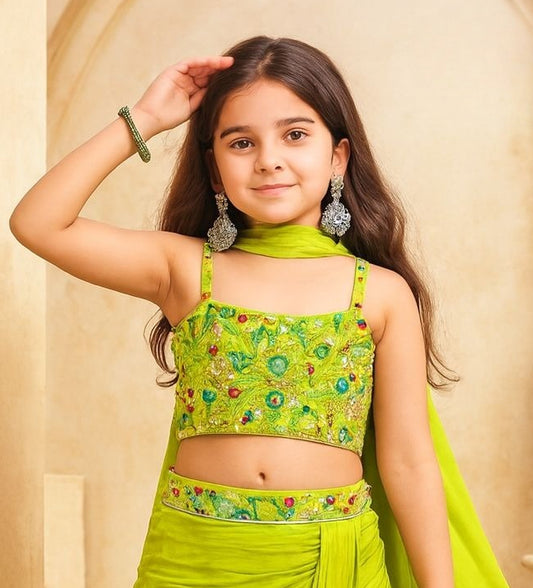 Lime Green Embroidered Crop Top & Draped Lehenga Set