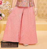 Peach Floral Embroidered Peplum Top & Wide-Leg Palazzo Set with Dupatta | Ethnic Wear For Girls