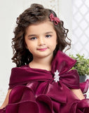 Wine Satin Organza -Sculpted Ruffle Short Frock