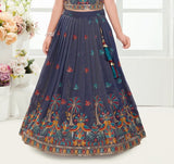 Navy Blue Peacock Embroidered Kids Lehenga Set