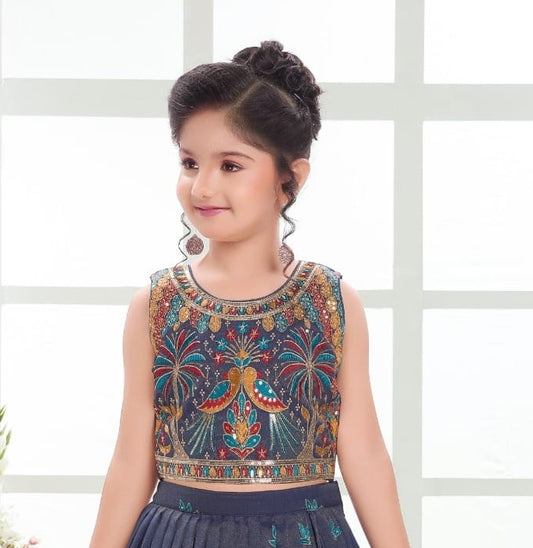 Navy Blue Peacock Embroidered Kids Lehenga Set