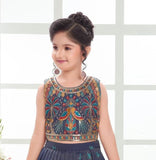 Navy Blue Peacock Embroidered Kids Lehenga Set