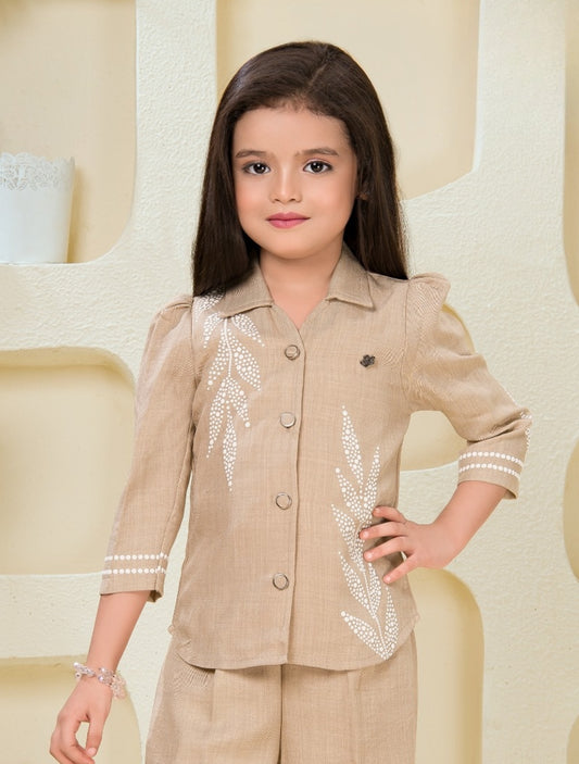 Beige Elegant Embroidered Co-ord Set