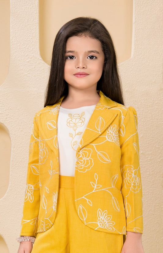 Mustard Yellow Floral Embroidered Blazer Set