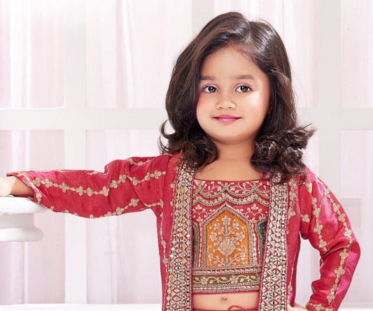 Rani Pink with Multi-Colors Embroidered Jacket Lehenga Set