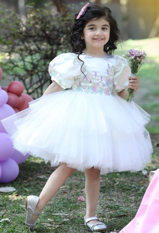 Cream Puffy Sleeves Short Frock with Sequin Embellishments