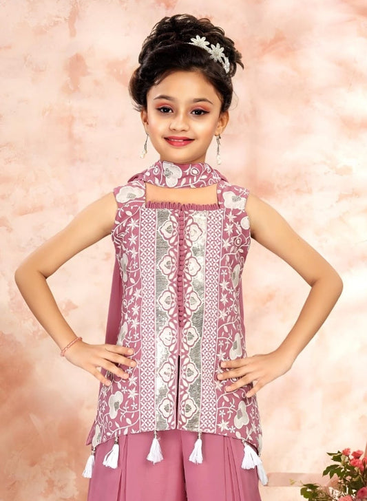 Pink Rose Printed Palazzo Set with High Neck Tassel Kurti