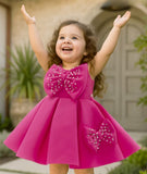 Magenta Pink Pearl Bow Party Short Frock