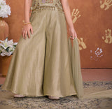 Golden Beige Floral Embroidered Peplum with Palazzo & Dupatta Set | Ethnic Wear For Girls