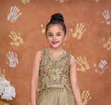 Golden Beige Floral Embroidered Peplum with Palazzo & Dupatta Set | Ethnic Wear For Girls