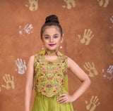 Mehendi Yellow Embroidered Crop Top with Palazzo & Dupatta Set | Ethnic Outfit for Girls