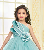 Sea Blue Rosette Party Long Gown | Party Wear Kids Dress for Girls