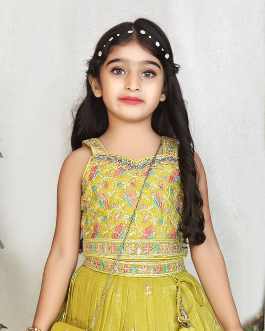 Yellow Gold Multicolour Threadwork Lehenga Set