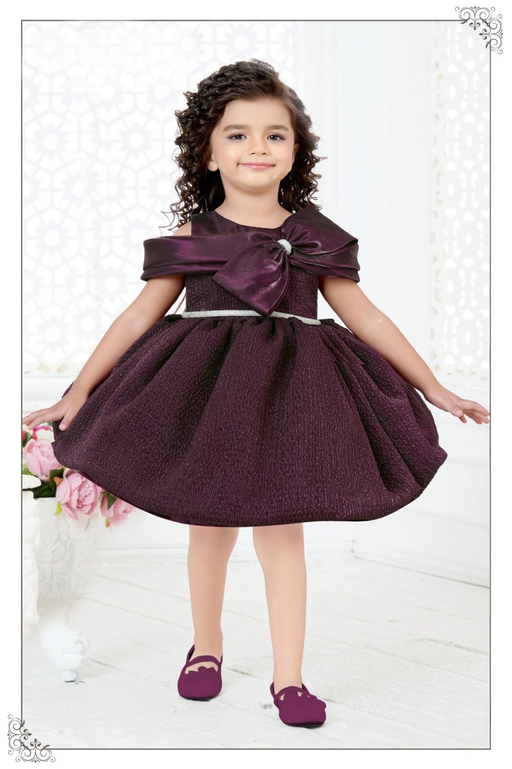 Wine - Off-Shoulder Bow Party Short Frock