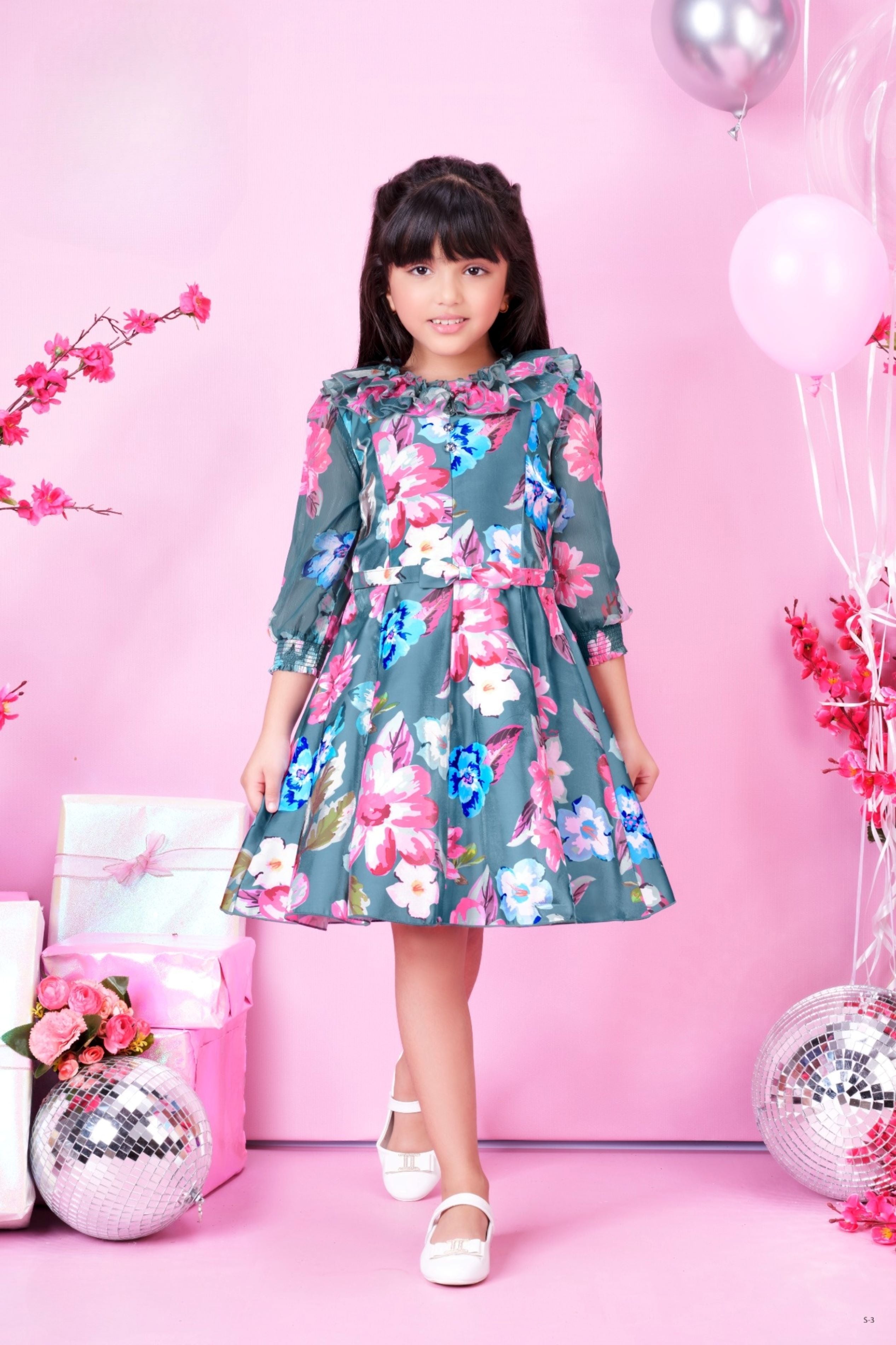 Air Force Blue -Floral Whirl Party Short Frock