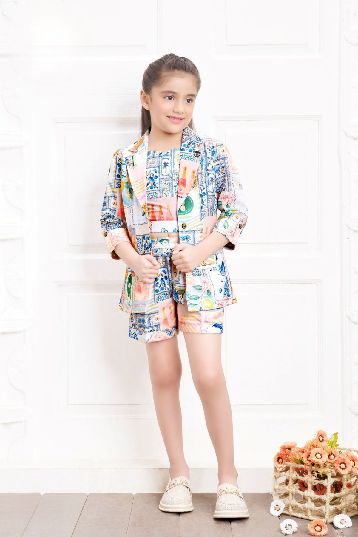 Cream Multi-Print  Co-ord Blazer Set