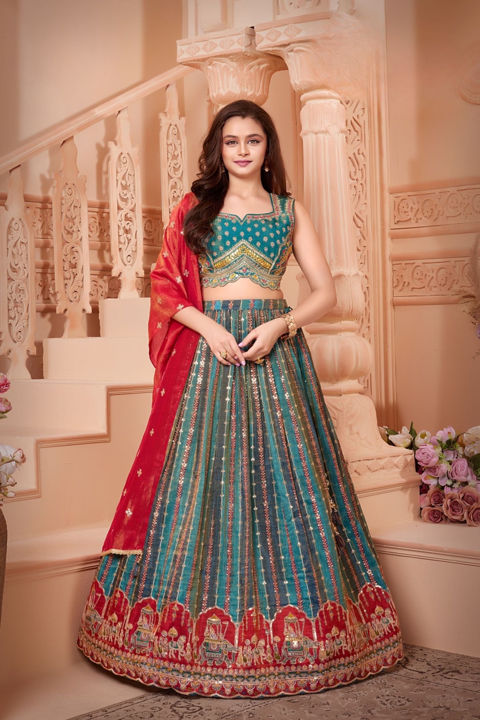 Teal Blue - Embroidered Lehenga with Crimson Red Dupatta