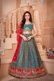 Teal Blue - Embroidered Lehenga with Crimson Red Dupatta