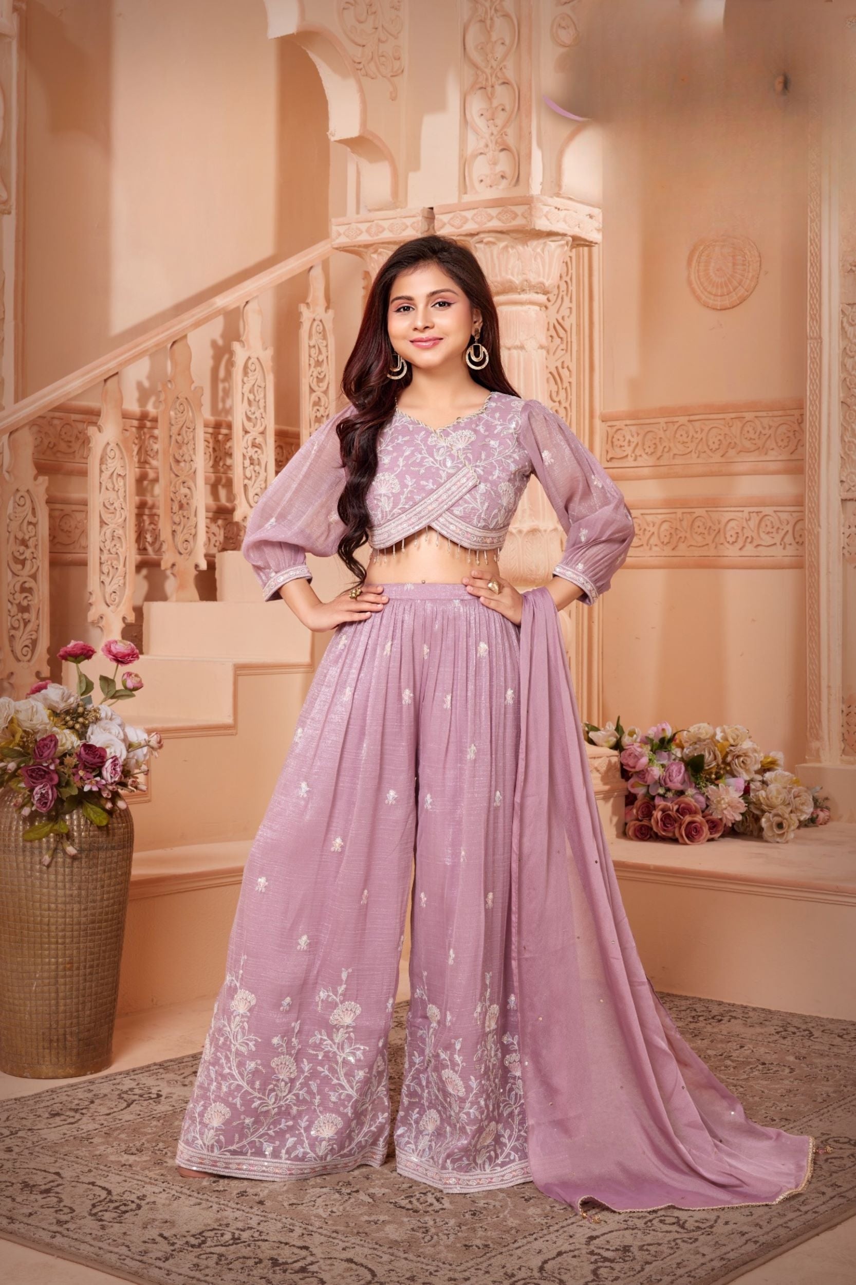 Lavender Bloom - Embroidered Palazzo Set